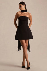 Noor | Black Bandeau-Neck Mini Dress With Scarf Detail