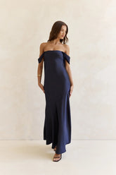 Late Night Dreams Off Shoulder Satin Maxi Dress Navy