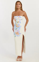 Astra Midi Dress - Strapless Split Leg Column Dress in Astra Posey Floral Print