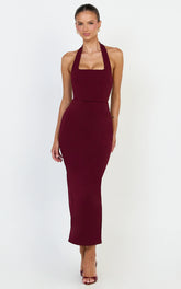 Holly Midi Dress - Halter Neck Column Dress in Wine