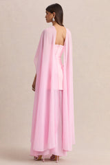 Chessa | Light Pink Boat-Neck Maxi Dress With Sheer Cape