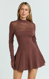 Camilla Mini Dress - Turtle Neck Fit And Flare Sheer Contrast Knit Dress in Chocolate