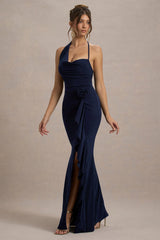 Lucena | Navy Cowl-Neck Wrap Maxi Dress With Floral Drape