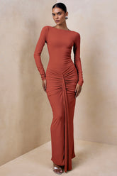 Matilda | Rust Boat-Neck Maxi Dress With Ruched Detailing