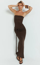 Viviana Maxi Dress - Knit Strapless Tie Waist Maxi Dress in Chocolate
