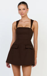 Garrett Mini Dress - Square Neck Fit And Flare Dress in Dark Chocolate