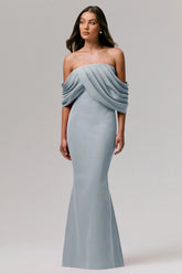 Serene | Powder Blue Draped Bardot Maxi Dress