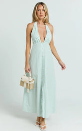 Jeienn Midi Dress - Ruched Shoulder Bodice A Line Placket Front Skirt Dress in Mint Stripe