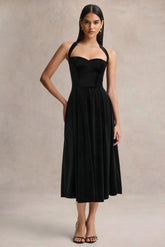 Esmeray | Black Velvet Sweetheart-Neck Midi Dress