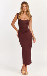Kenna Midi Dress - Gathered Bust Tucked Waist Dress in Chocolate