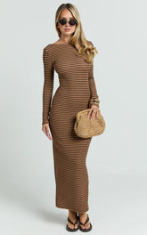 Rumi Midi Dress - Long Sleeve Bodycon Dress in Chocolate