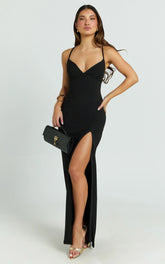 Loralie Maxi Dress - V Neck Low Back Bodycon Dress in Black