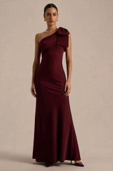 Josephine | Burgundy Matte Satin Asymmetric-Neck Maxi Dress With Bow Detail