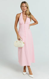 Beata Midi Dress - Plunge Halter A Line Dress in Pink