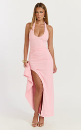Lani Midi Dress - Scooped Neckline Draped Skirt Halter Dress in Pink