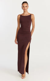 Audette Maxi Dress - Boat Neck Ruched Fitted Dress in Chocolate