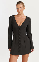 Lavender Mini Dress - Wide Neck Button Down Blazer Dress in Black