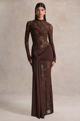 Akira | Brown Lace Maxi Dress With Sash-Detail