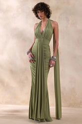 Roselani | Olive Halter-Neck Maxi Dress With Open-Back