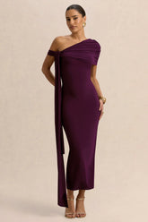 Praia | Plum Asymmetric-Neck Midi Dress With Sash and Draped Detailing