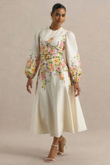 Dahlia | White Floral Border Print High-Neck Midi Dress