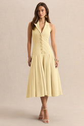 Elise | Lemon Plunge-Neck Midi Dress With Drop-Waist