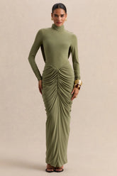 Harmona | Olive High-Neck Maxi Dress With Gathered And Draped-Detailing