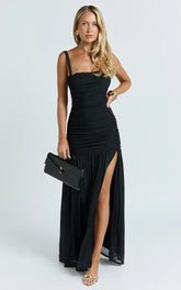 Cardi Maxi Dress - Ruched Mesh High Leg Split Dress in Black
