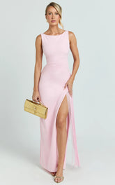 Joanne Maxi Dress - Scoop Neck Fringe Dress in Pink