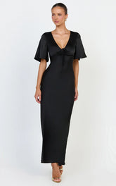 Amelie Maxi Dress - Ruched Front Angel Sleeve Satin Dress in Black