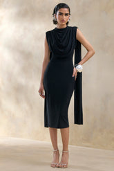 Lysandria | Black High-Neck Midi Dress With Draped-Detailing