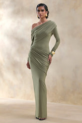 Rosirene | Olive Asymmetric-Neck Maxi Dress With Draped-Detailing