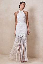 Skylar | White Lace Halter-Neck Maxi Dress With Open-Back And Bow Detail