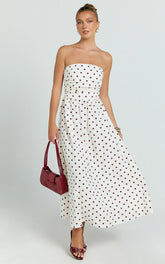 Polly Midi Dress - Strapless Ruched Dress in Red Polka Dot