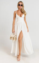 Jamilla Midi Dress - Plunge Drop Waist High Leg Split Dress in Off White