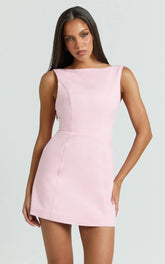 Windsor Mini Dress - Line Skirt Back Bow Dress in Pale Pink