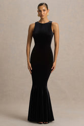 Pippa | Black Velvet Crew-Neck Mermaid Maxi Dress