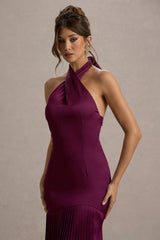 Sansa | Burgundy Satin Cross Halter-Neck Plisse Maxi Dress