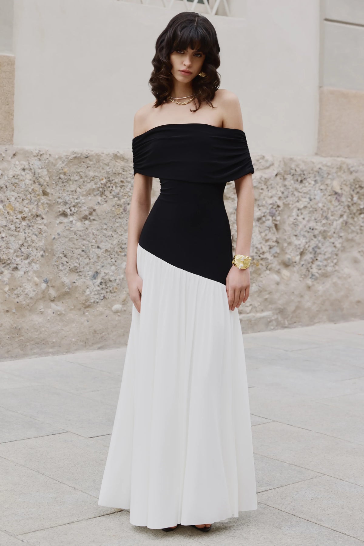 Doroyta | Black And White Asymmetric-Neck Maxi Dress