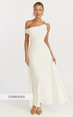 Amber Midi Dress - Off The Shoulder Hardware Detail A Line Dress in White