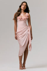 Letitia | Pale Pink Square-Neck Floral Detailed Wrap Midi Dress