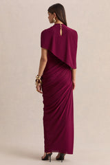 Lunaline | Burgundy High-Neck Maxi Dress With Asymmetric Cape And Draped-Detailing