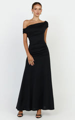 Ophelia Maxi Dress - Off Shoulder Ruched Fit And Flare Dress in Black