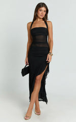Almarie Midi Dress - Halter Neck Mesh Dress in Black