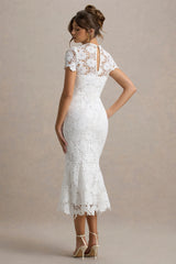 Clarissa | White Lace Short-Sleeve Midi Dress