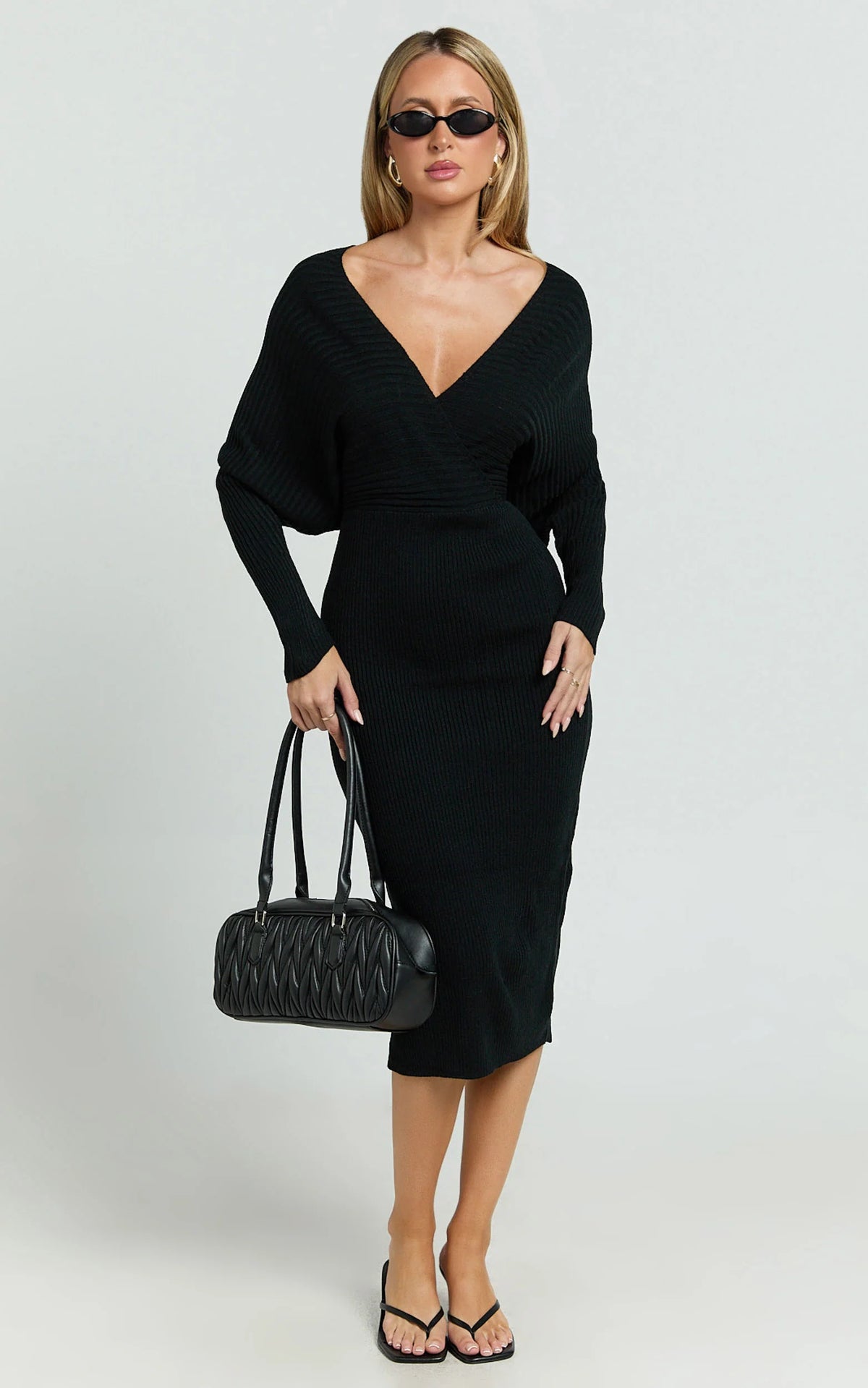 Sheika Midi Dress - Long Sleeve Off Shoulder Knit Dress in Black