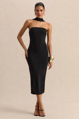 Amariah | Black Bandeau Midi Dress With Scarf-Detail