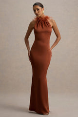 Bianca | Rust Satin Feather-Trim Maxi Dress