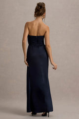 Edel | Navy Satin Strapless Maxi Dress With Drape