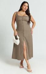 Cameron Midi Dress - Button Front Tie Back Dress in Mocha
